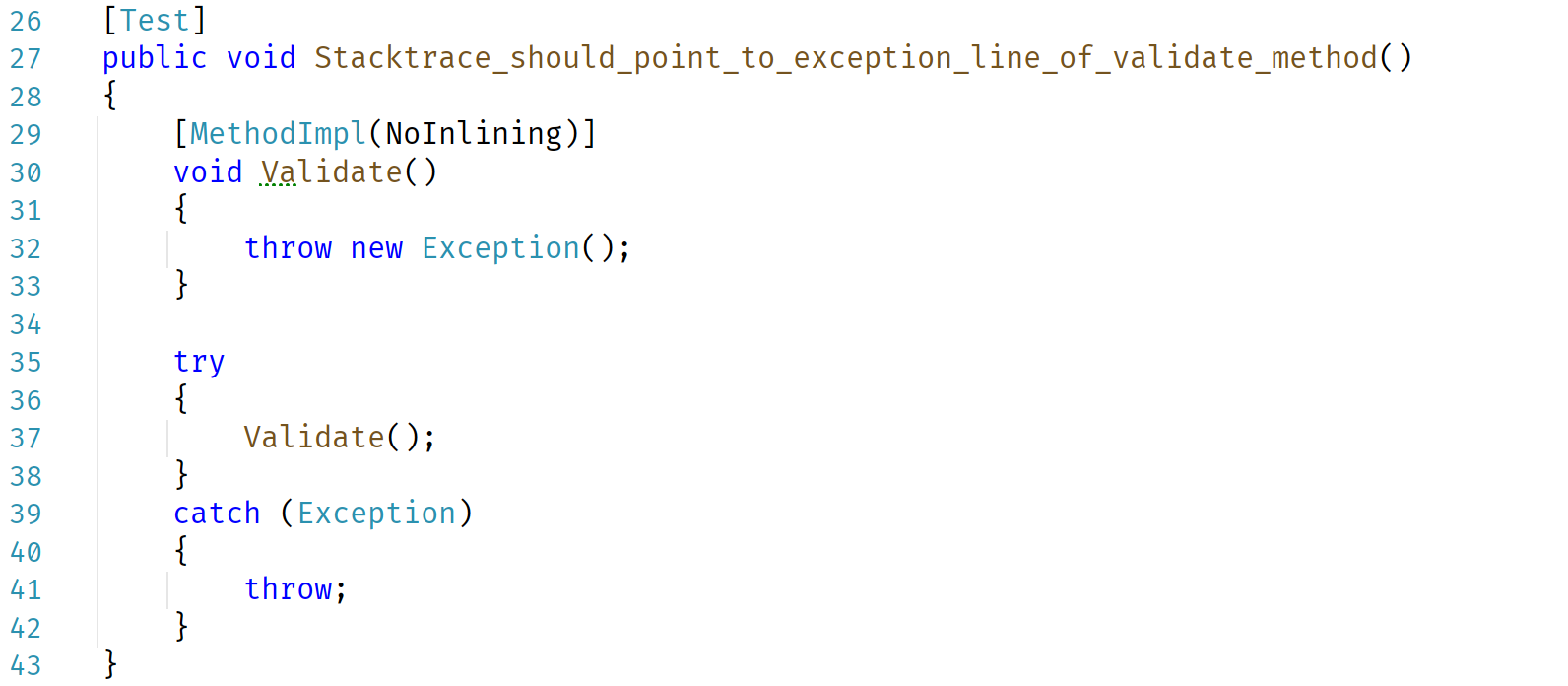 Stacktrace should point to exception line of validate method