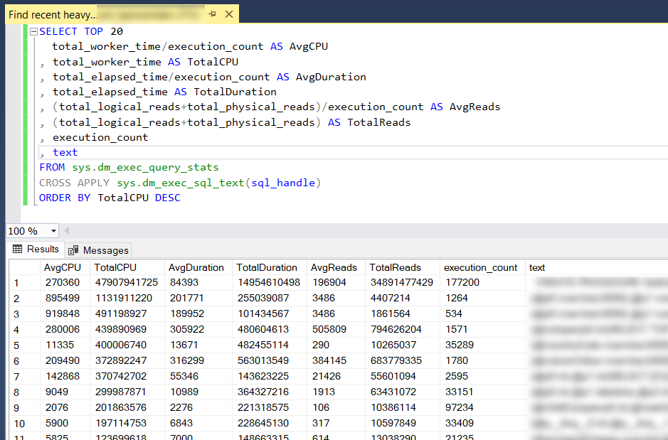 Screenshot for recent heavy SQL queries